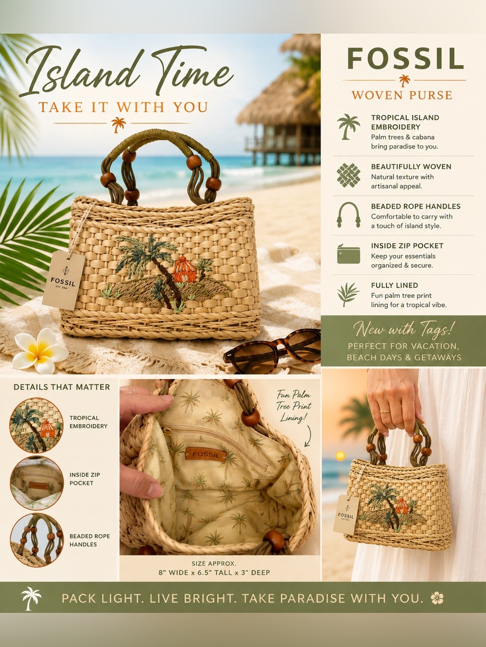 Fossil Natural Woven Handbag with Green & Orange Palm Embroidery